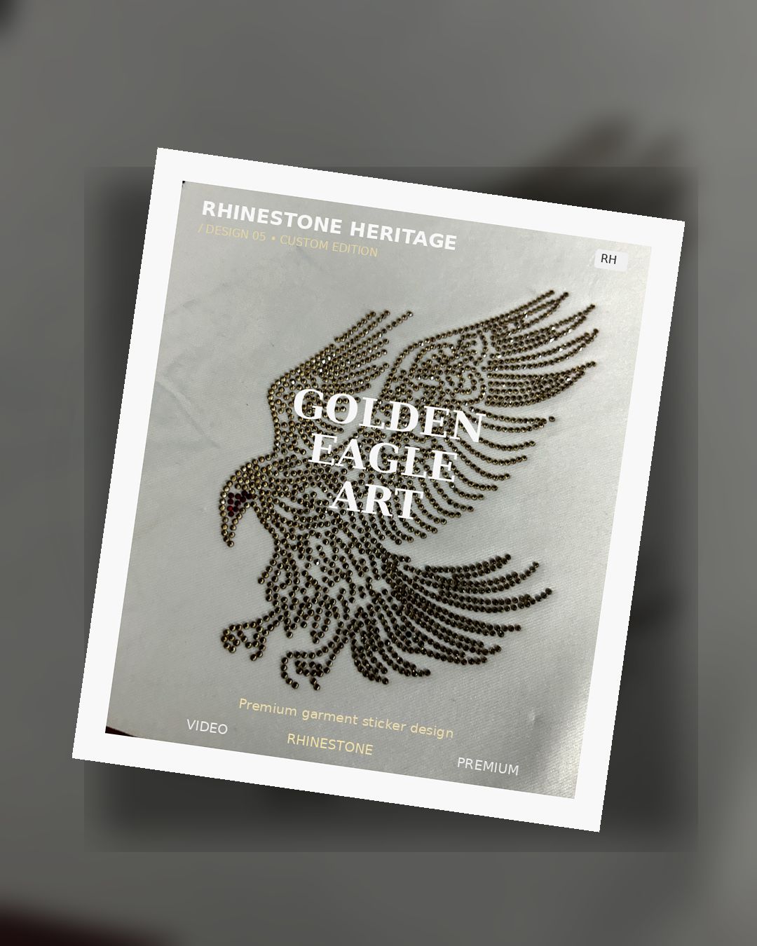 Golden Eagle Art rhinestone transfer sticker featuring a majestic soaring eagle in metallic gold hotfix stones, premium streetwear design by Rhinestone Heritage.
