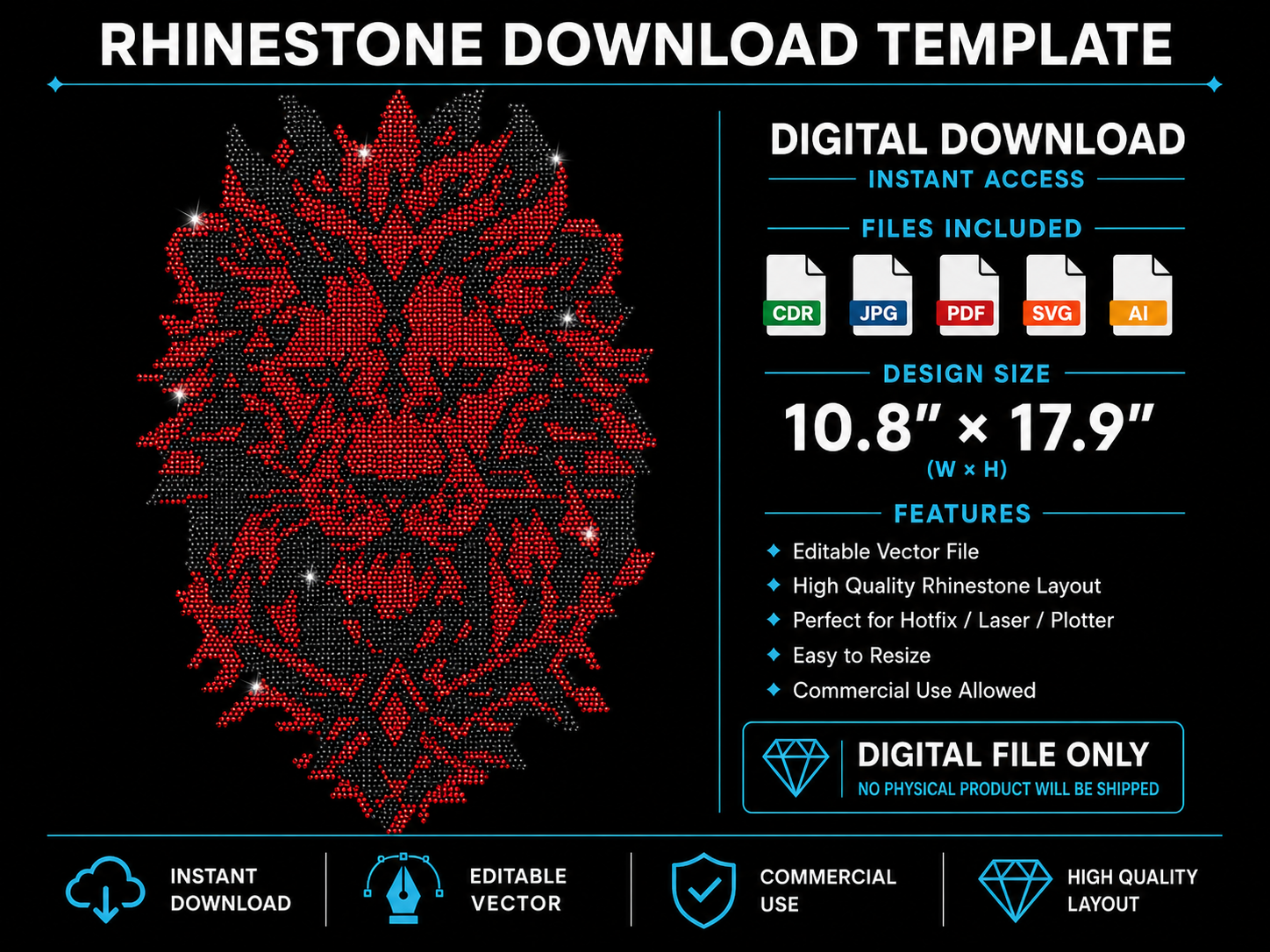 Lion Head Rhinestone Template – Digital Download (SVG, CDR, PDF, JPG, AI)