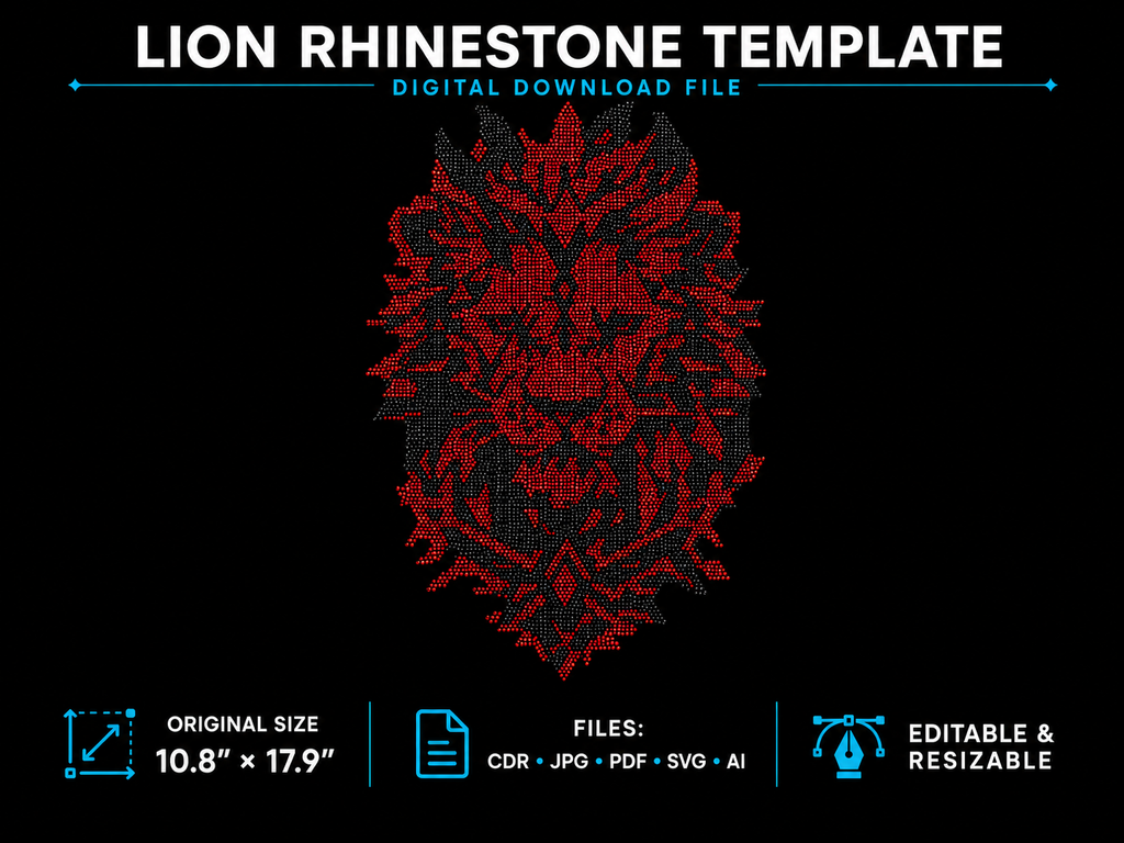 Lion Head Rhinestone Template – Digital Download (SVG, CDR, PDF, JPG, AI)