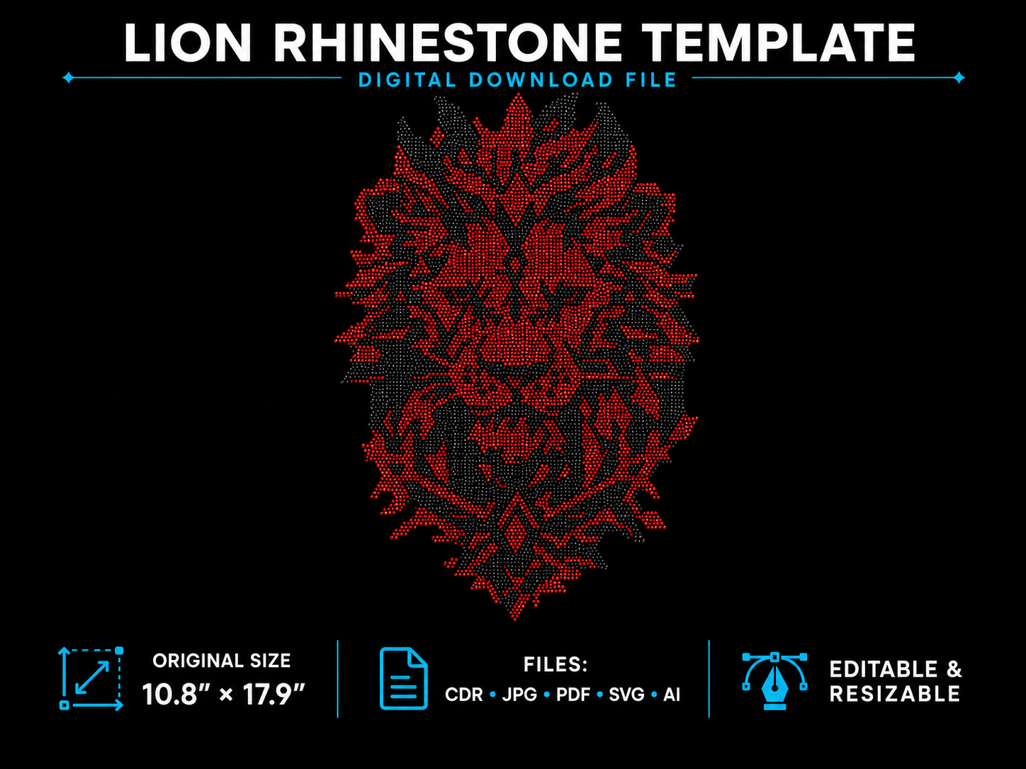Lion Head Rhinestone Template – Digital Download (SVG, CDR, PDF, JPG, AI)