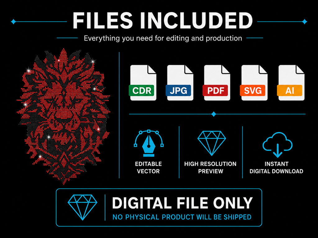 Lion Head Rhinestone Template – Digital Download (SVG, CDR, PDF, JPG, AI)