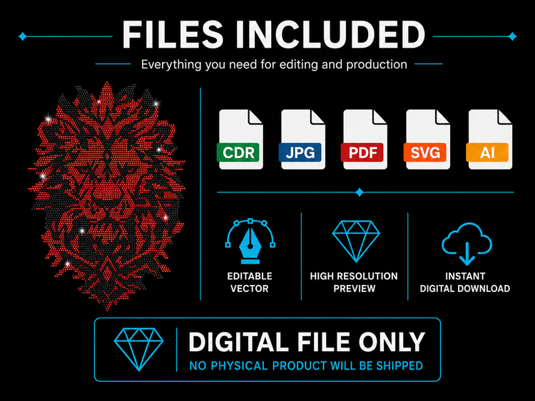 Lion Head Rhinestone Template – Digital Download (SVG, CDR, PDF, JPG, AI)