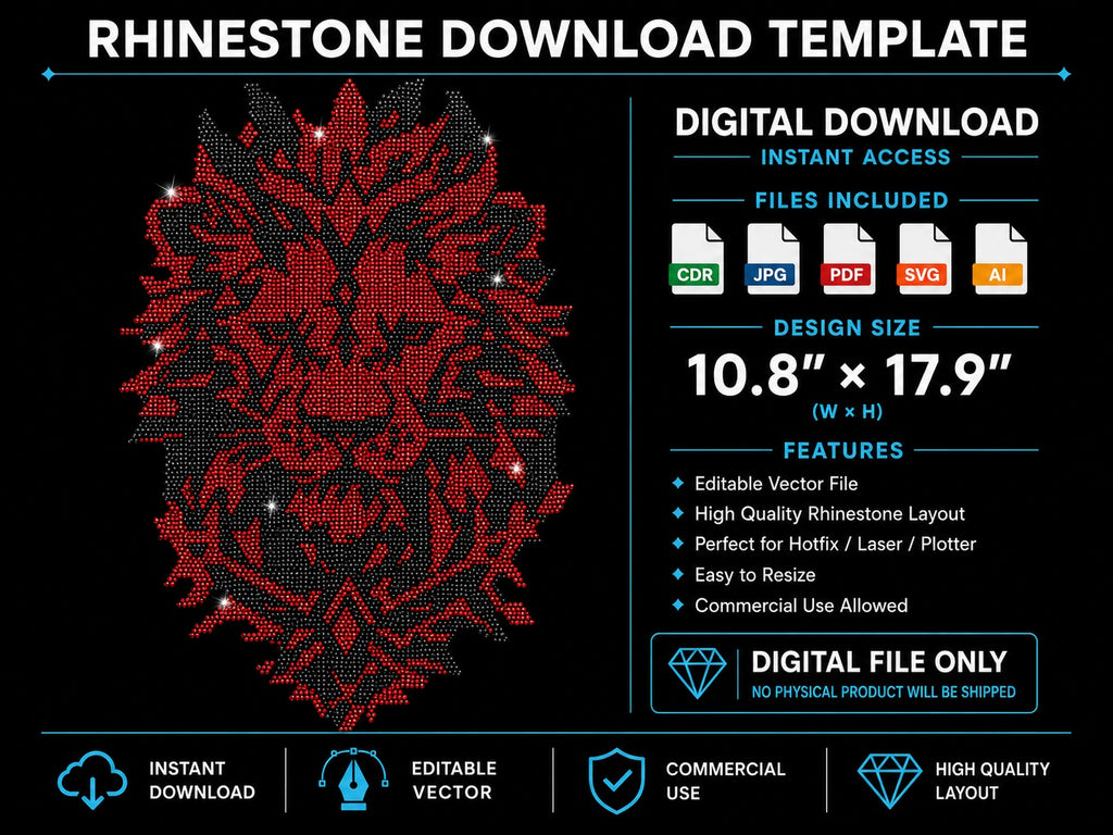 Lion Head Rhinestone Template – Digital Download (SVG, CDR, PDF, JPG, AI)