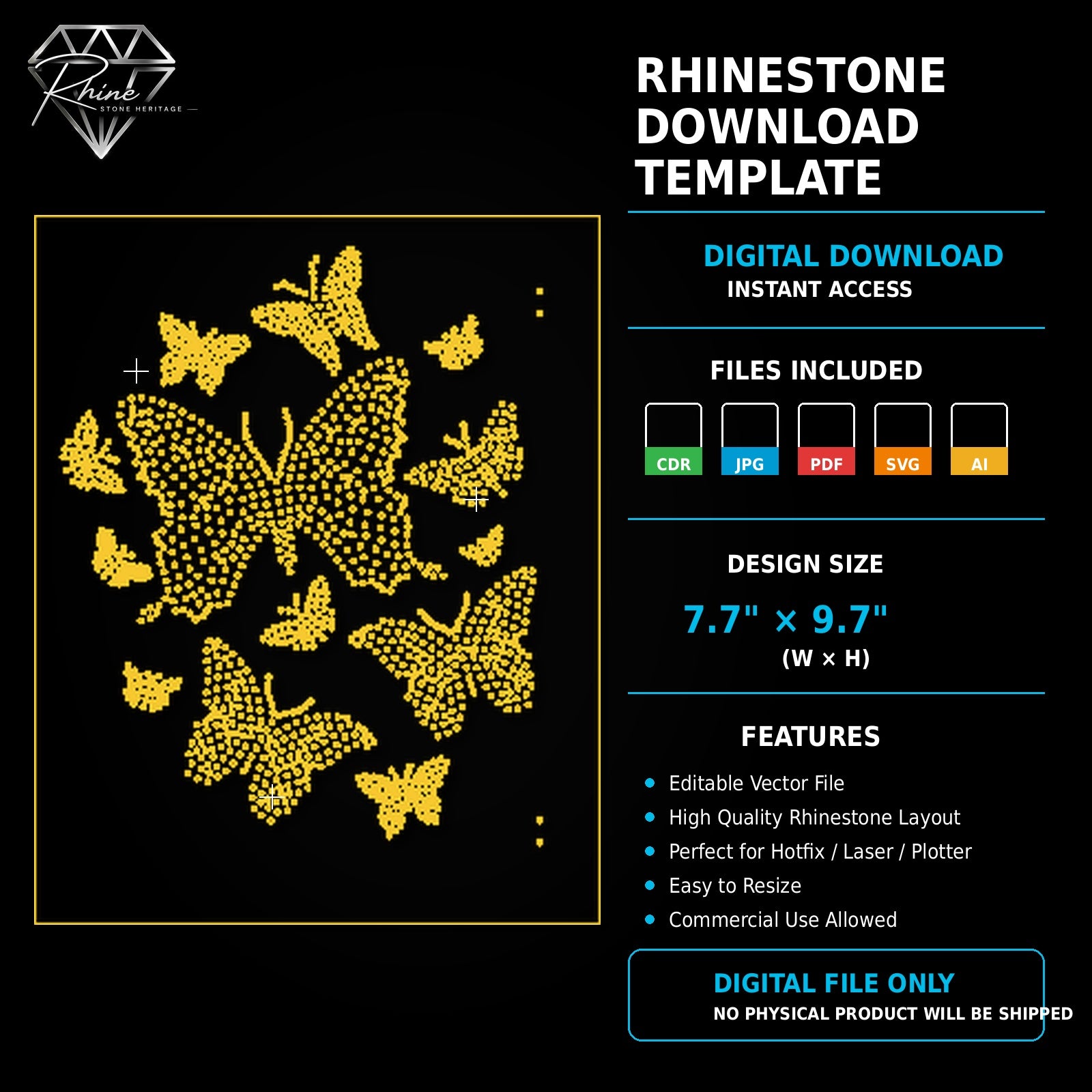 Butterfly Cluster Rhinestone Template – Digital Download (SVG, CDR, PDF, JPG, AI)