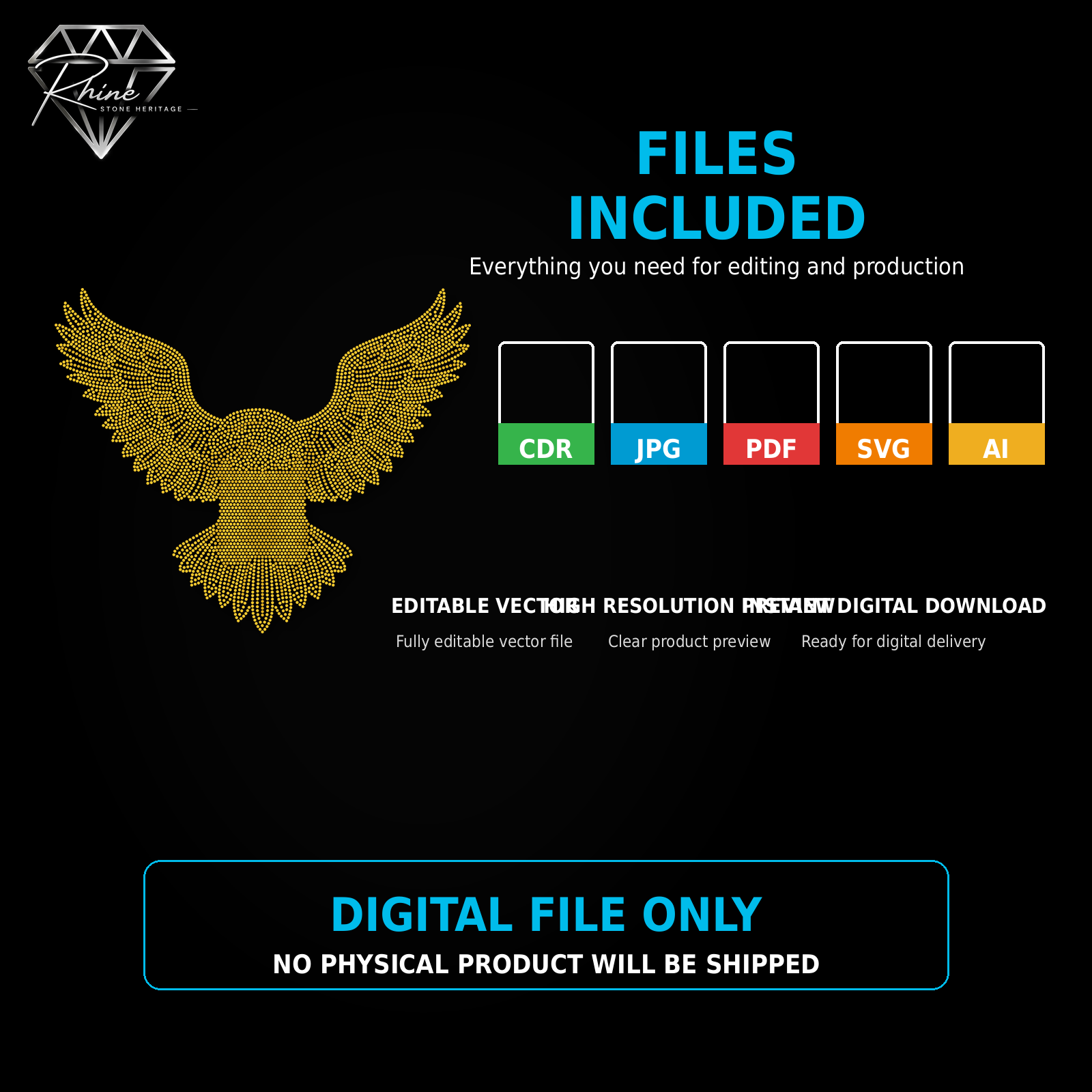 Soaring Eagle Rhinestone Template – Digital Download (SVG, CDR, PDF, JPG, AI)
