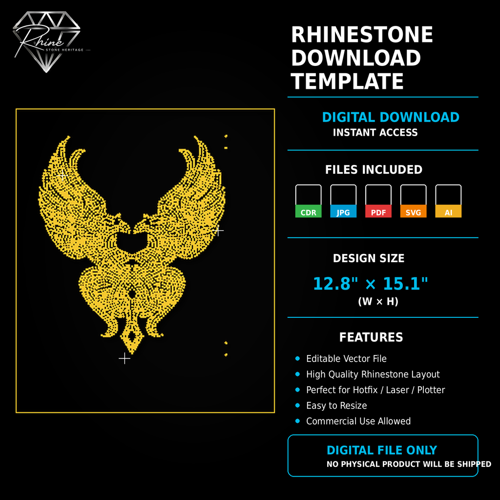 Phoenix Rhinestone Template – Digital Download (SVG, CDR, PDF, JPG, AI)