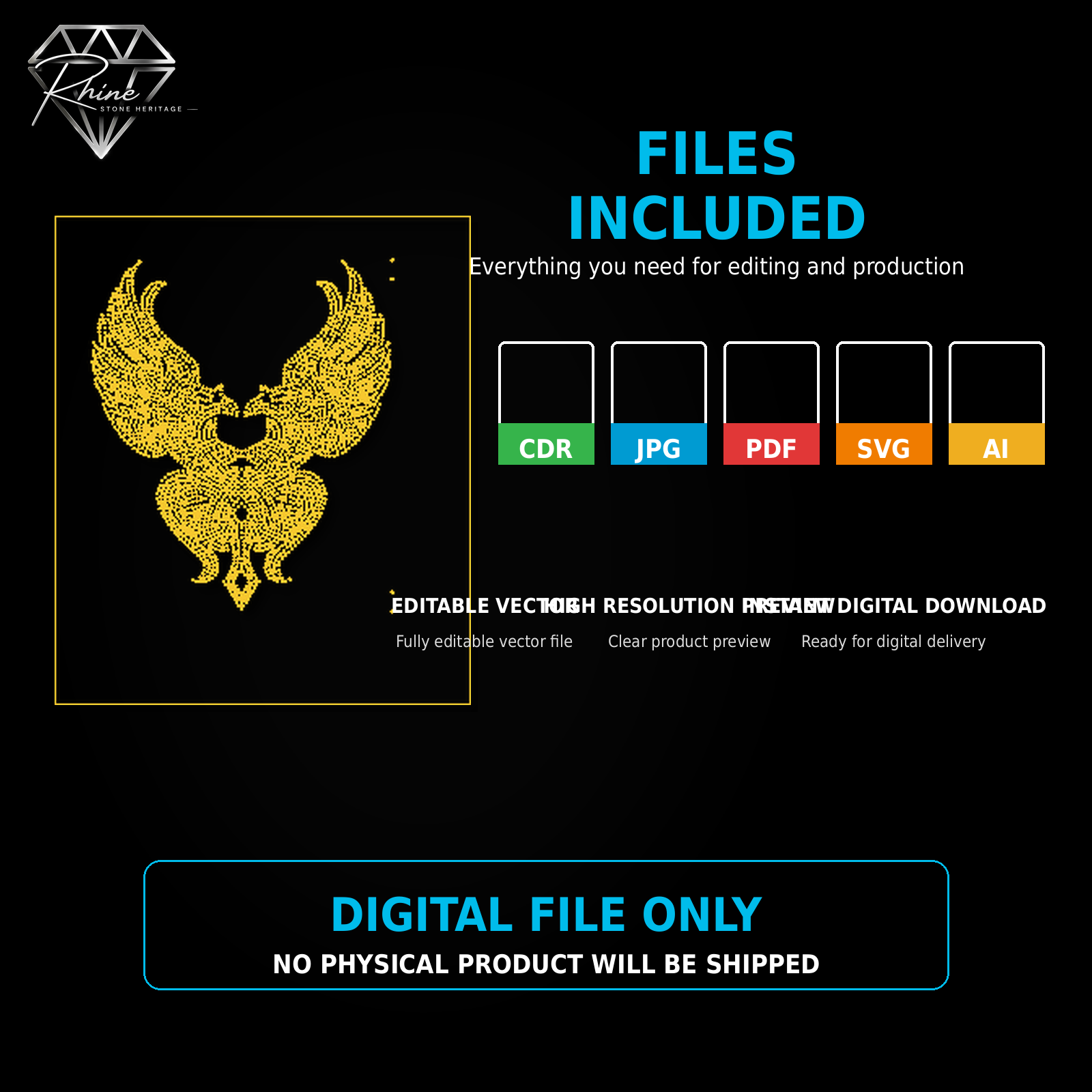 Phoenix Rhinestone Template – Digital Download (SVG, CDR, PDF, JPG, AI)