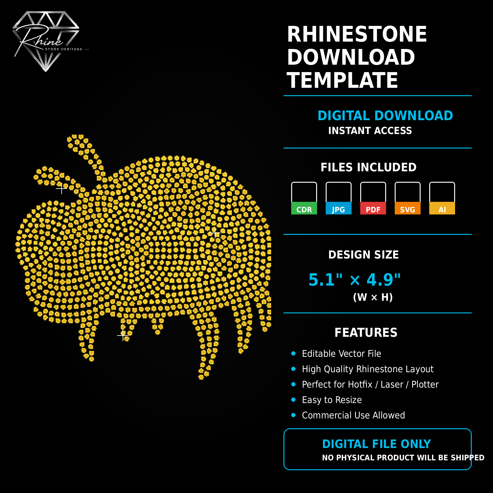 Bee Rhinestone Template – Digital Download (SVG, CDR, PDF, JPG, AI)