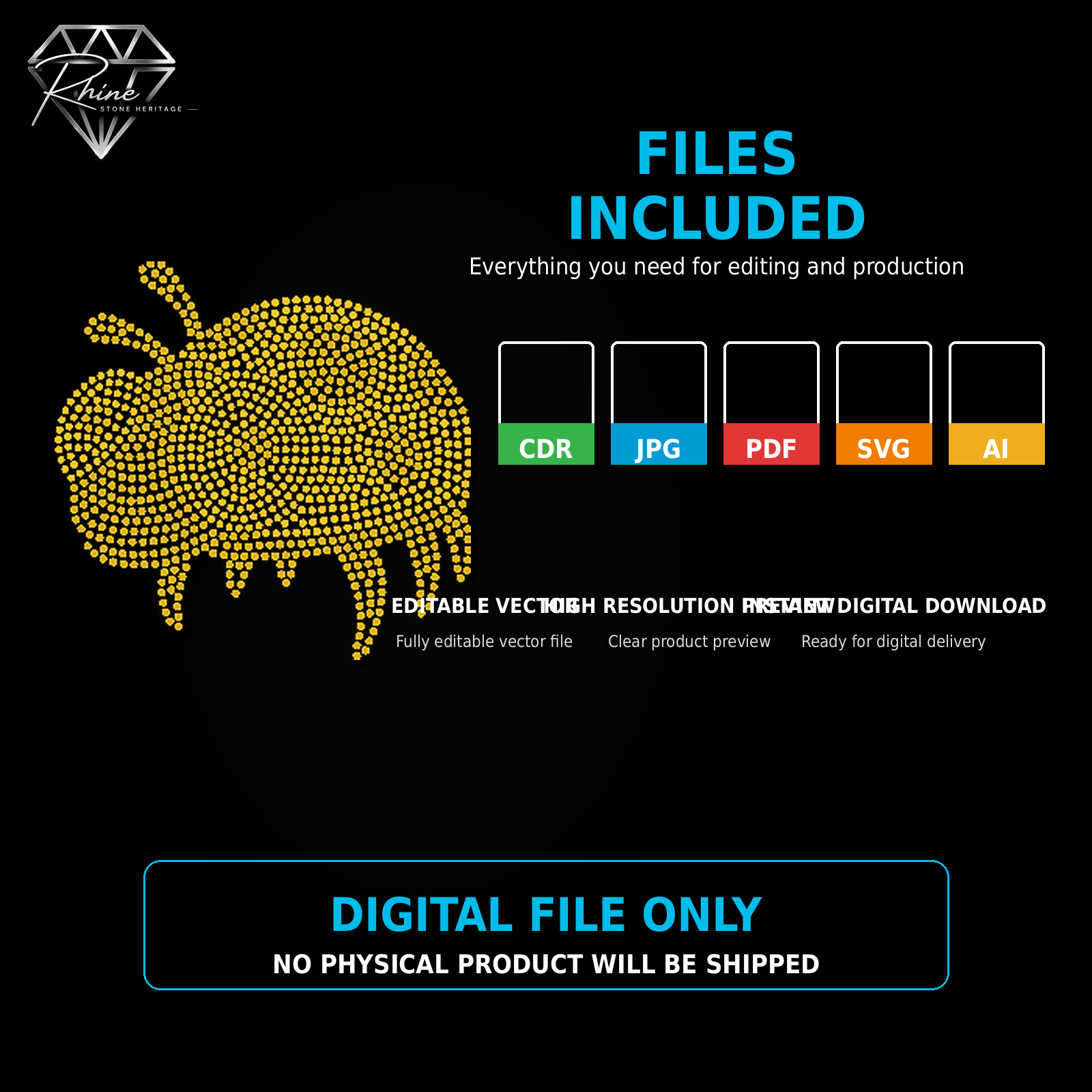 Bee Rhinestone Template – Digital Download (SVG, CDR, PDF, JPG, AI)