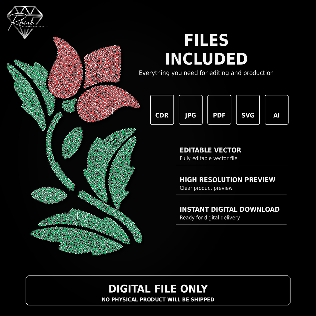 Tropical Flower Rhinestone Template – Digital Download (SVG, CDR, PDF, JPG, AI)