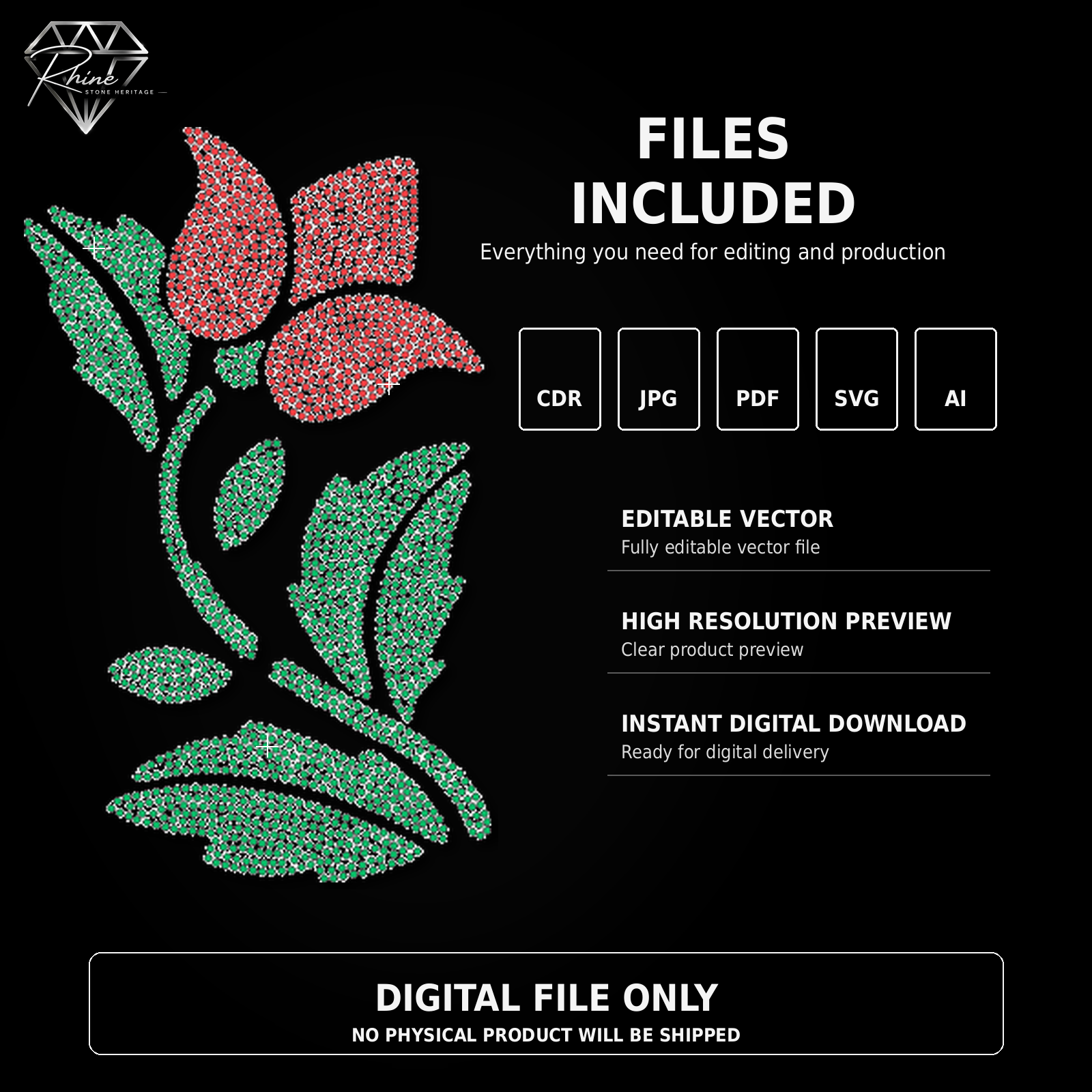 Tropical Flower Rhinestone Template – Digital Download (SVG, CDR, PDF, JPG, AI)