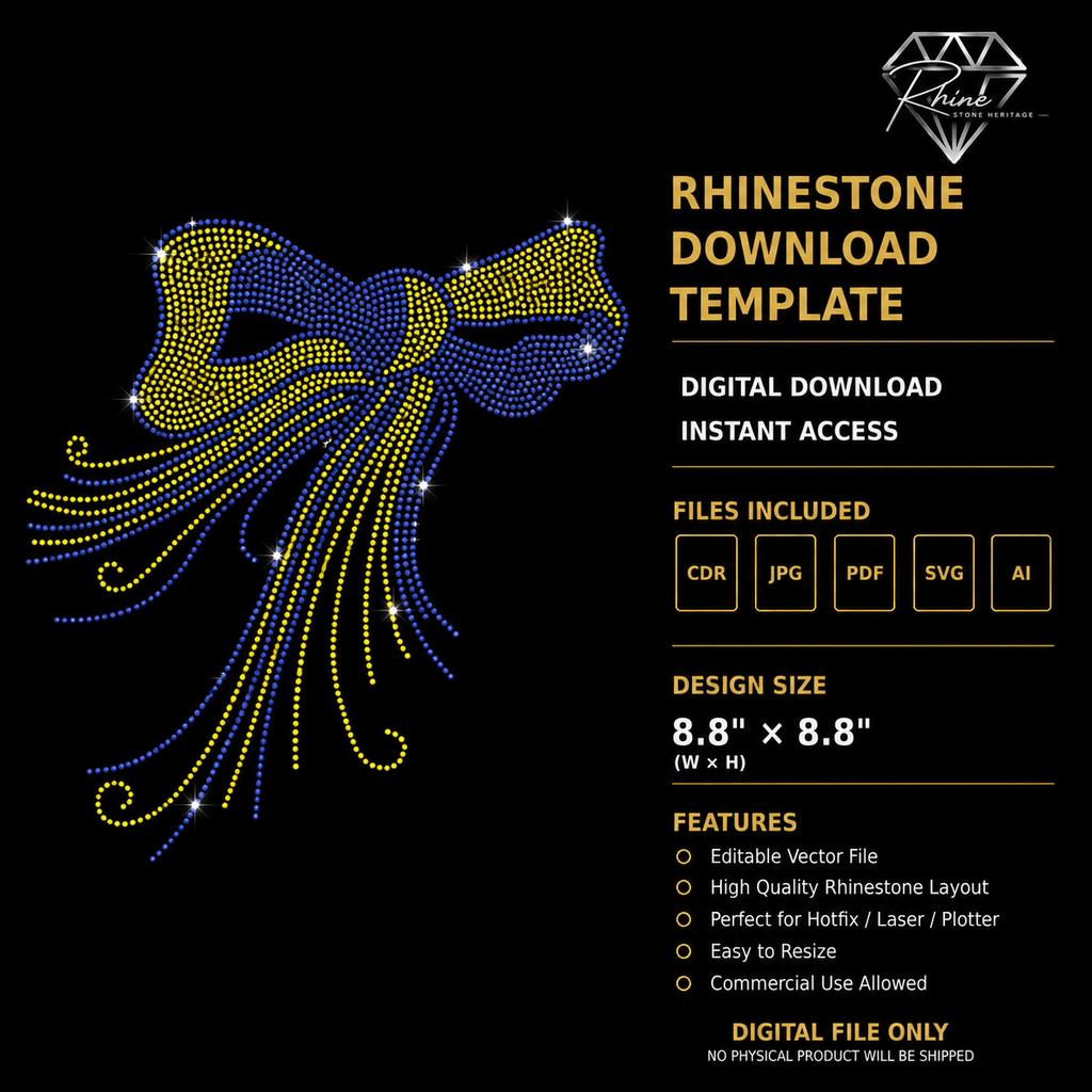 Bow with Flowing Ribbons Rhinestone Template – Digital Download (SVG, CDR, PDF, JPG, AI)