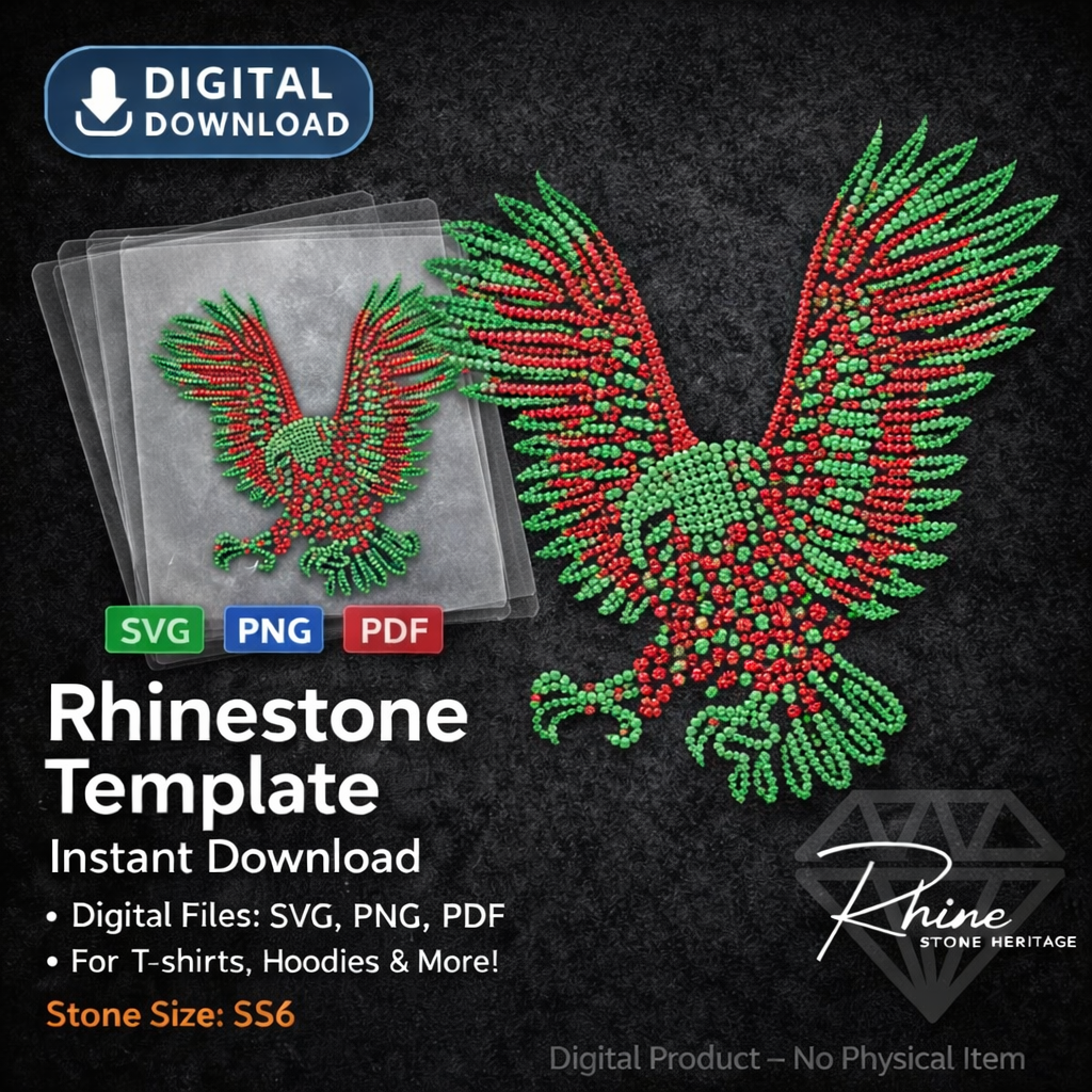 Two-tone red and green rhinestone eagle template design with spread wings in a dot matrix format for digital download.