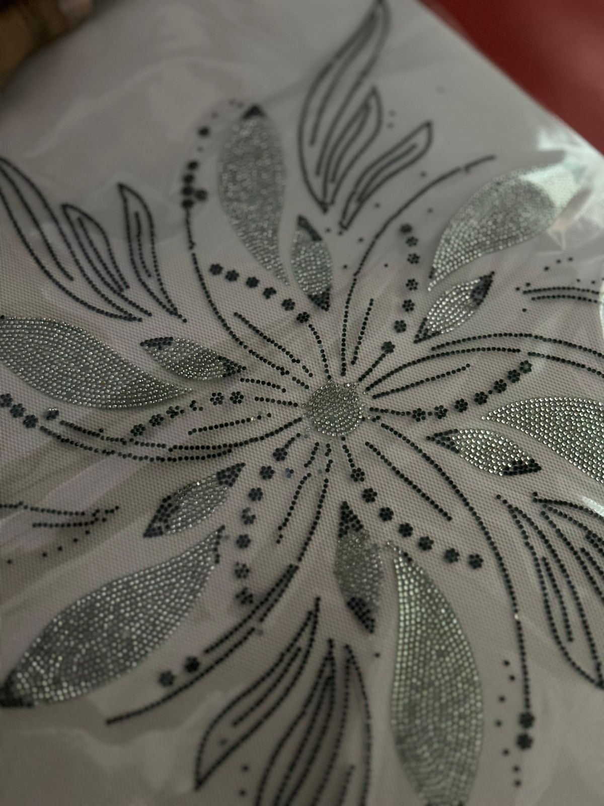 Large Floral Burst Rhinestone Hotfix Sticker | Black & Silver Iron-On Transfer for Tops & Apparel