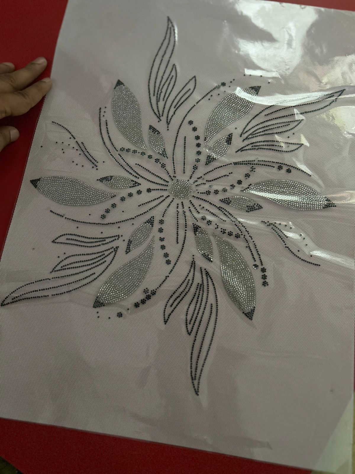 Large Floral Burst Rhinestone Hotfix Sticker | Black & Silver Iron-On Transfer for Tops & Apparel