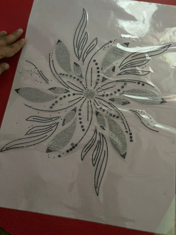 Large Floral Burst Rhinestone Hotfix Sticker | Black & Silver Iron-On Transfer for Tops & Apparel