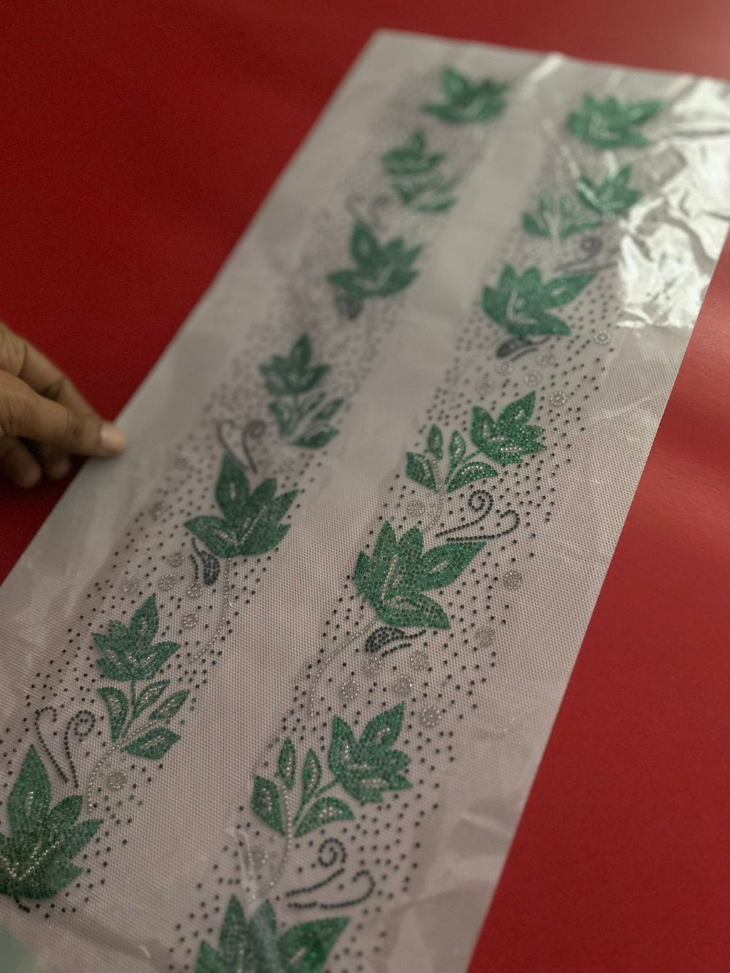 Green Floral Vine Rhinestone Hotfix Sticker | Short Front Border Both Sides | Iron-On Transfer for Shirts & Kurtis