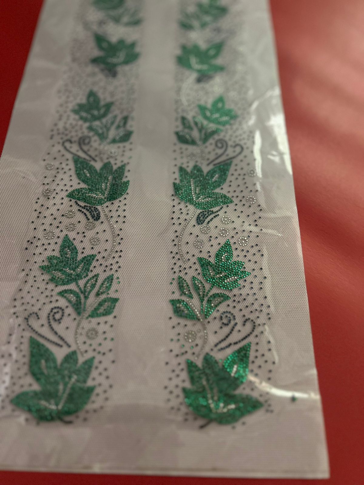 Green Floral Vine Rhinestone Hotfix Sticker | Short Front Border Both Sides | Iron-On Transfer for Shirts & Kurtis