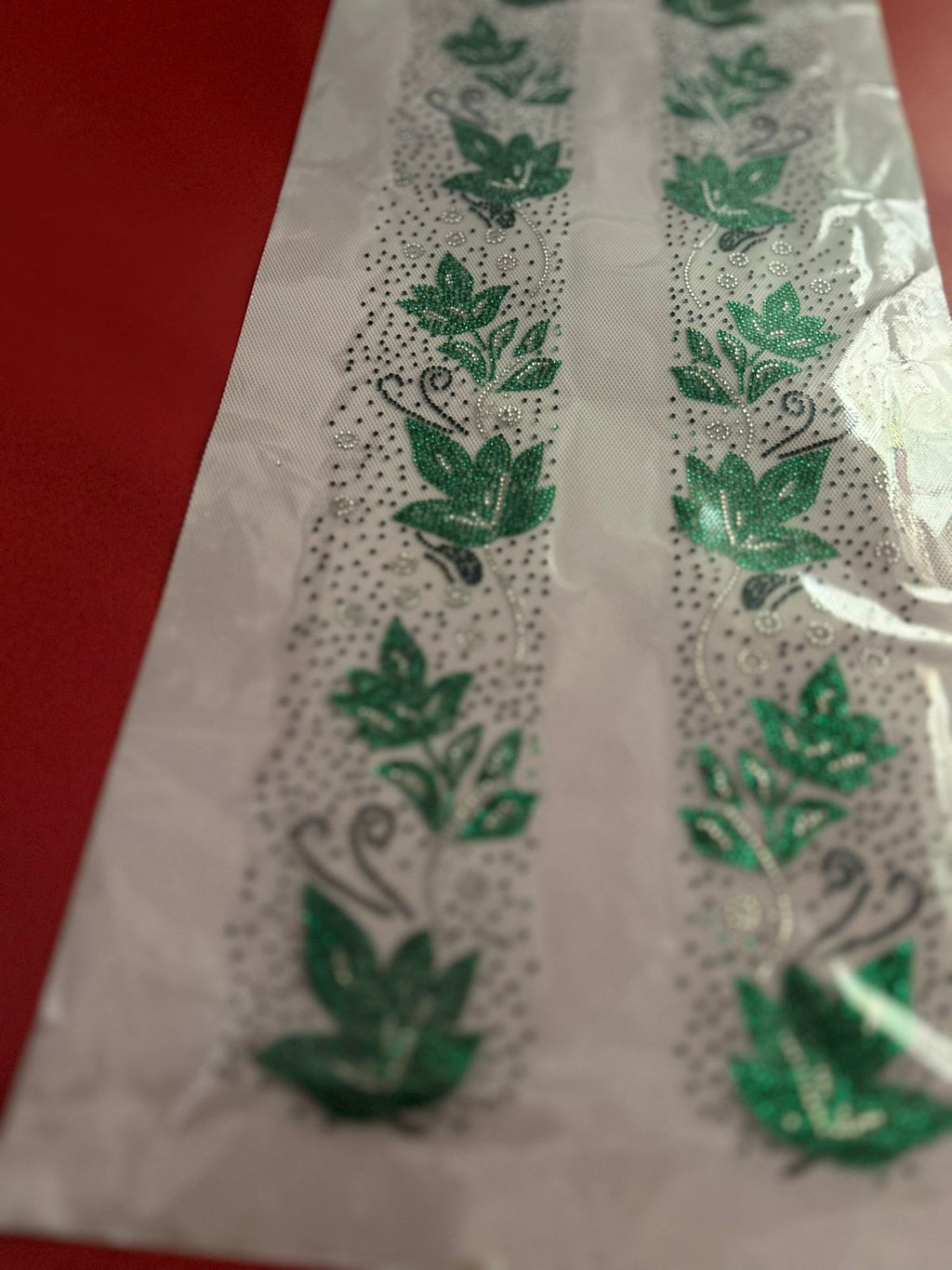 Green Floral Vine Rhinestone Hotfix Sticker | Short Front Border Both Sides | Iron-On Transfer for Shirts & Kurtis