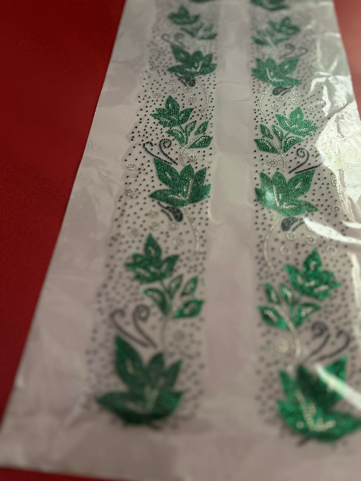 Green Floral Vine Rhinestone Hotfix Sticker | Short Front Border Both Sides | Iron-On Transfer for Shirts & Kurtis