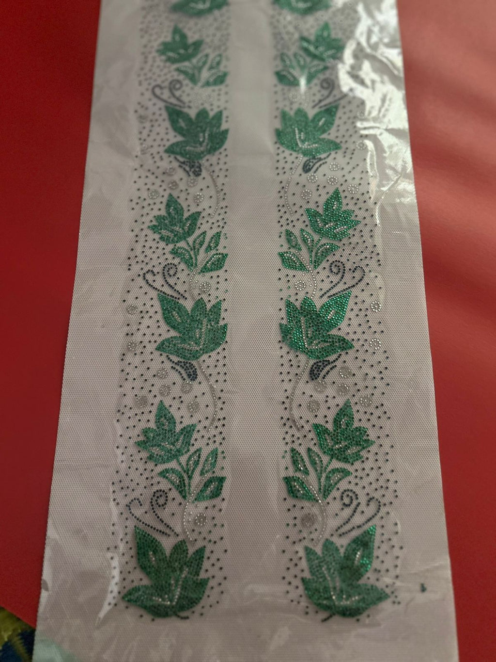 Green Floral Vine Rhinestone Hotfix Sticker | Short Front Border Both Sides | Iron-On Transfer for Shirts & Kurtis