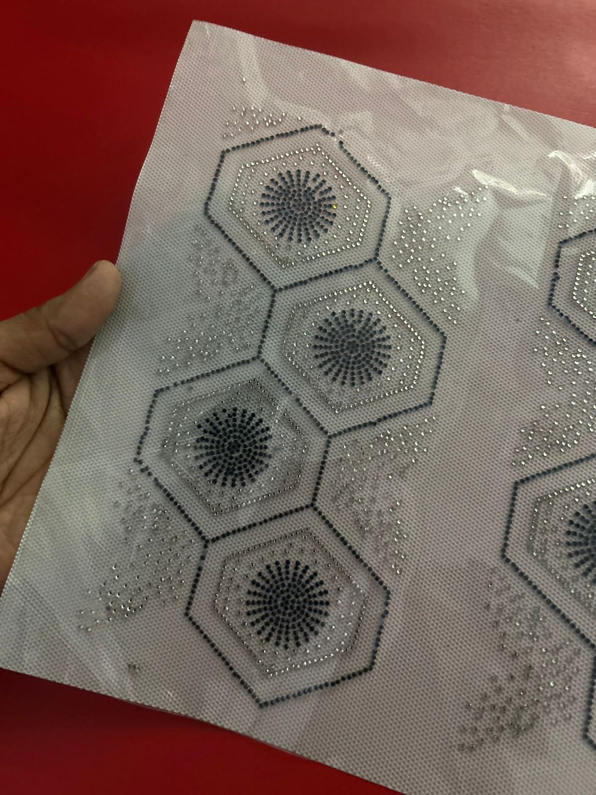 Hexagon Sunburst Rhinestone Hotfix Sticker | Geometric Shirt Design | Black & Silver Iron-On Transfer