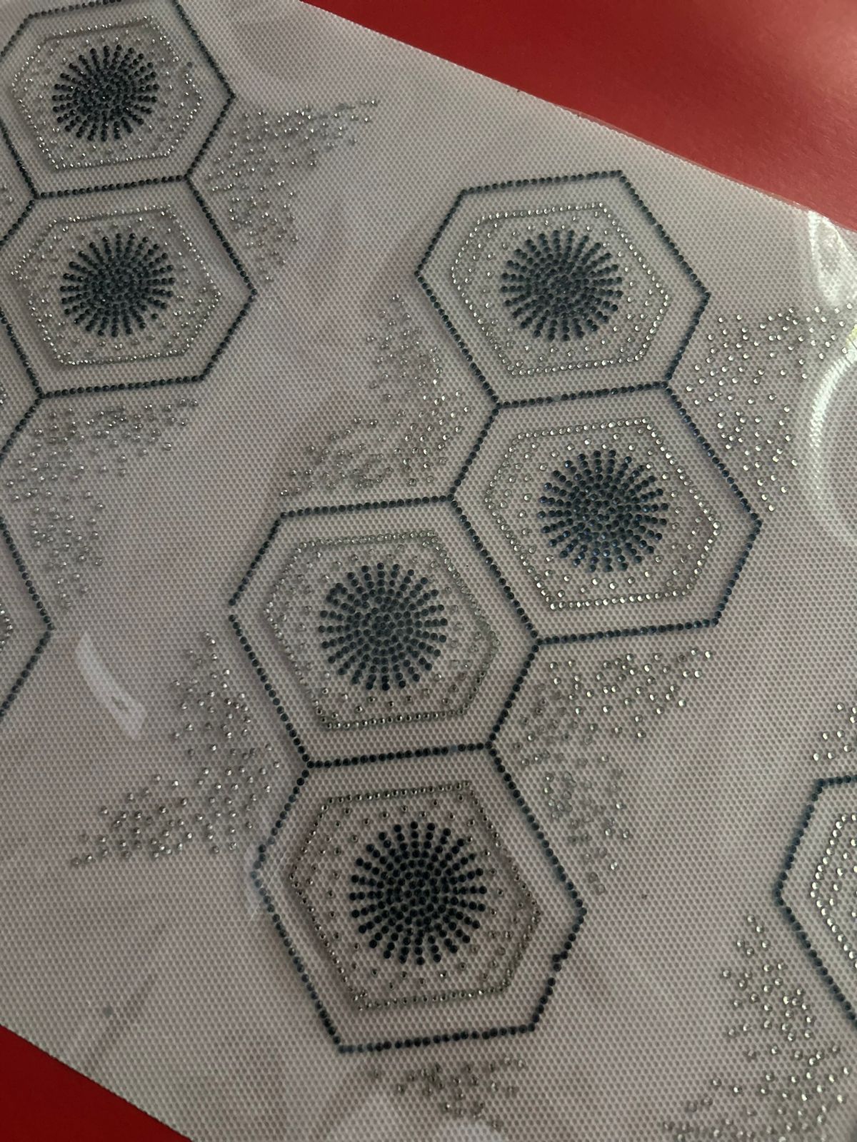Hexagon Sunburst Rhinestone Hotfix Sticker | Geometric Shirt Design | Black & Silver Iron-On Transfer