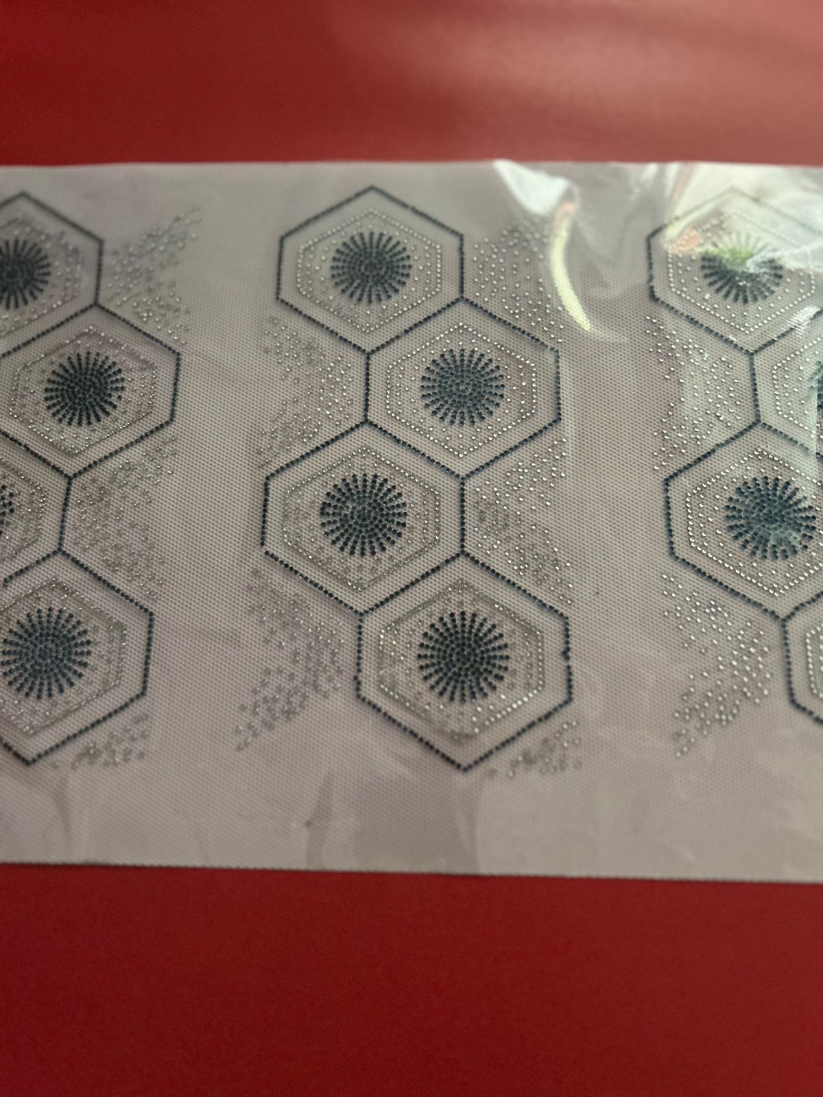 Hexagon Sunburst Rhinestone Hotfix Sticker | Geometric Shirt Design | Black & Silver Iron-On Transfer