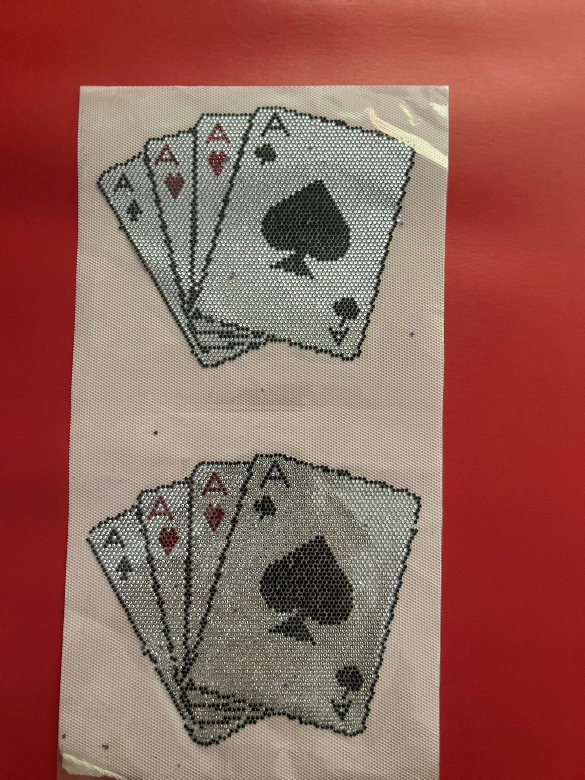 Four Aces Playing Cards Rhinestone Hotfix Sticker | Black, Silver & Red Iron-On Transfer for T-Shirts
