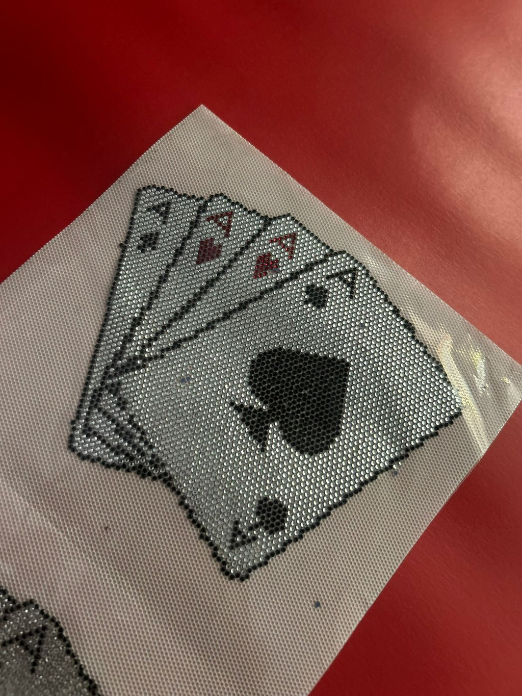 Four Aces Playing Cards Rhinestone Hotfix Sticker | Black, Silver & Red Iron-On Transfer for T-Shirts