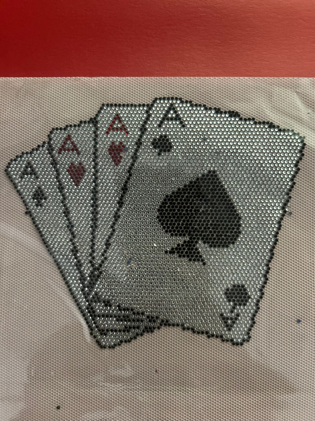 Four Aces Playing Cards Rhinestone Hotfix Sticker | Black, Silver & Red Iron-On Transfer for T-Shirts