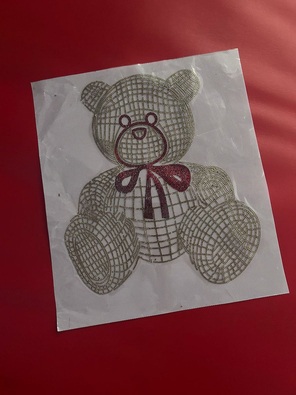 Teddy Bear Rhinestone Hotfix Sticker | Silver & Red Bow Iron-On Transfer for T-Shirts & Kids Wear