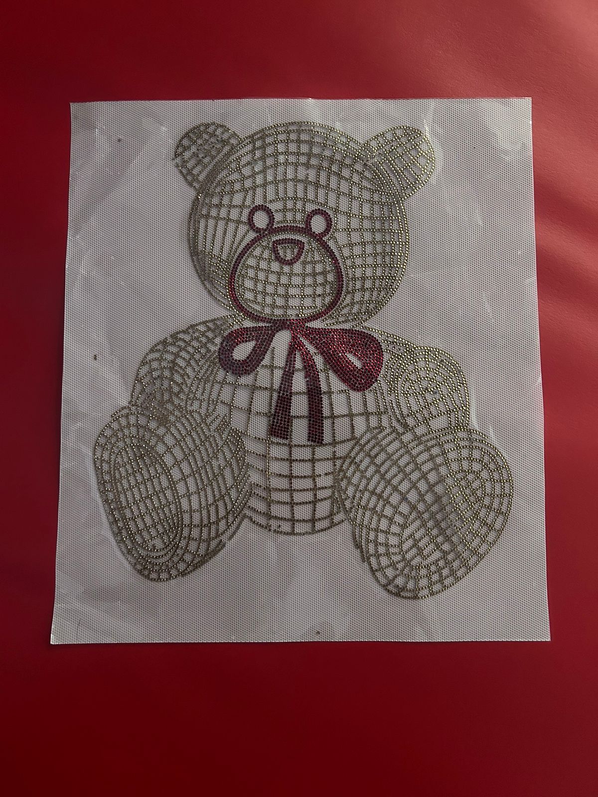 Teddy Bear Rhinestone Hotfix Sticker | Silver & Red Bow Iron-On Transfer for T-Shirts & Kids Wear