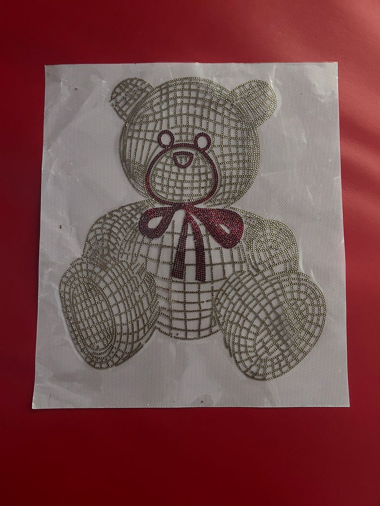 Teddy Bear Rhinestone Hotfix Sticker | Silver & Red Bow Iron-On Transfer for T-Shirts & Kids Wear