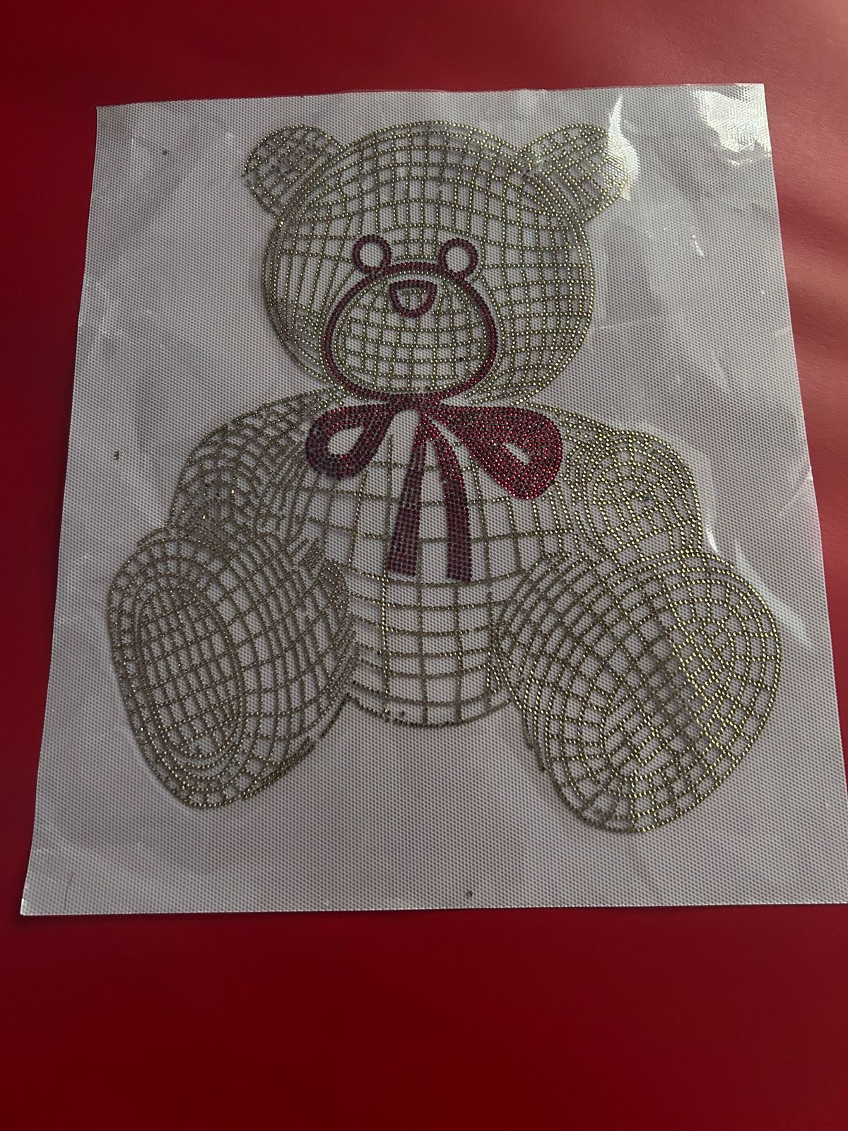 Teddy Bear Rhinestone Hotfix Sticker | Silver & Red Bow Iron-On Transfer for T-Shirts & Kids Wear