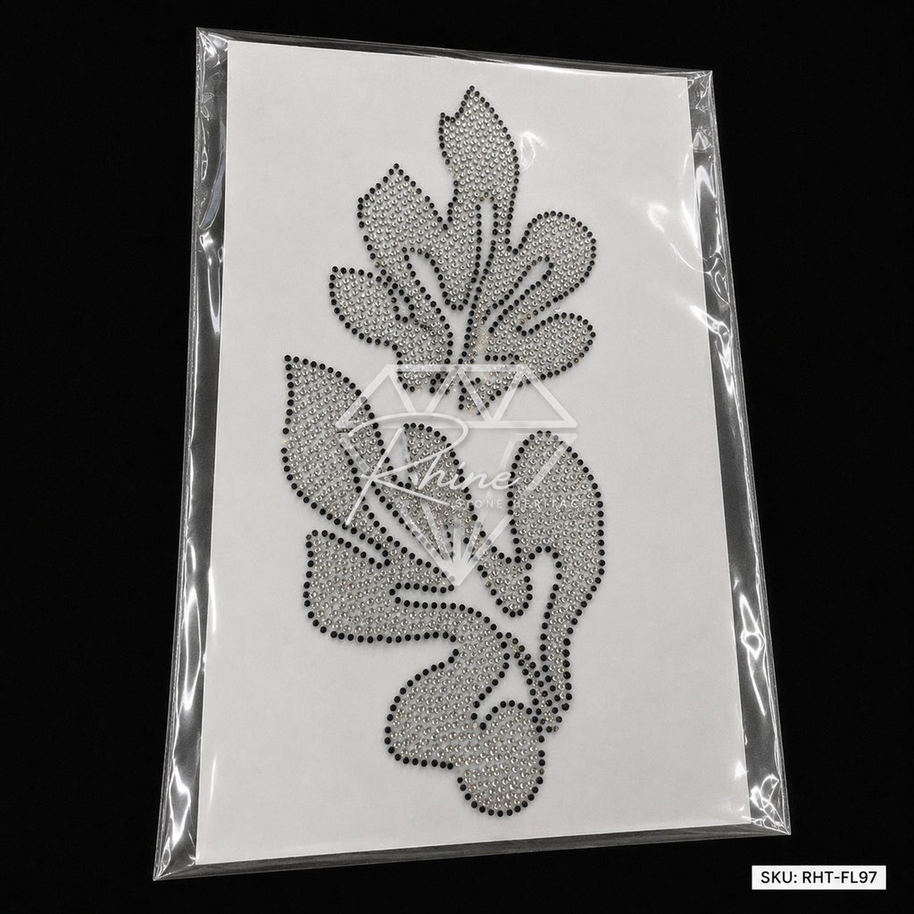 Tropical Leaf Rhinestone Hotfix Sticker | Crystal & Black Iron-On Transfer