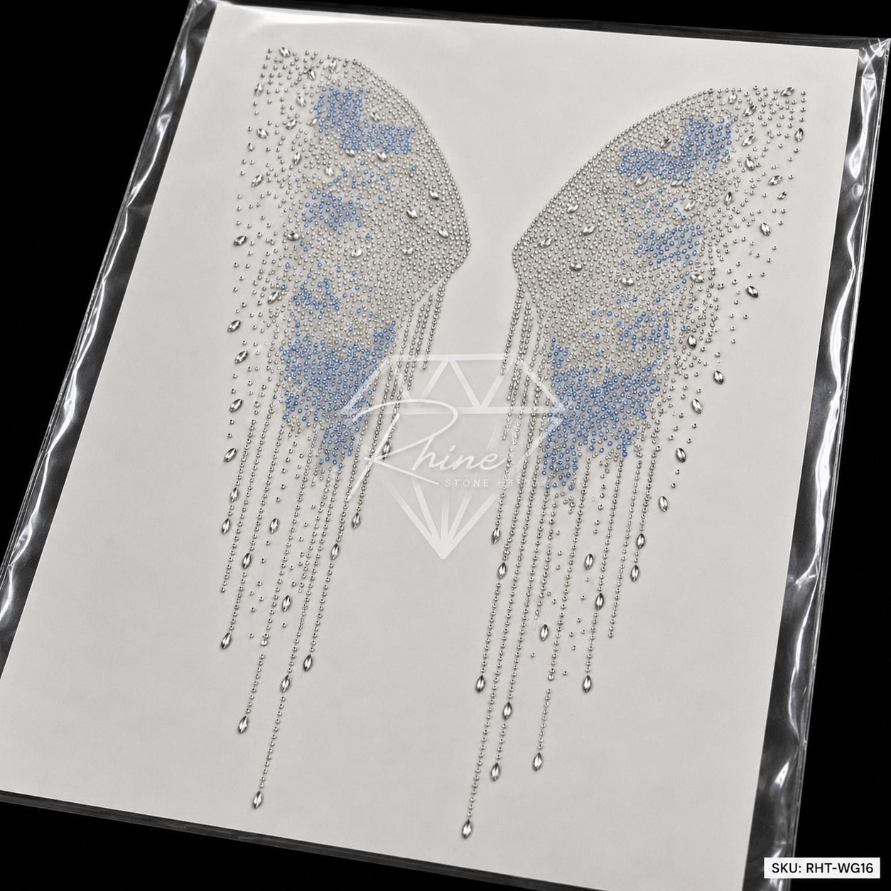 Angel Wings Crystal Drip Rhinestone Hotfix Sticker | Crystal AB & Sapphire Iron-On Transfer