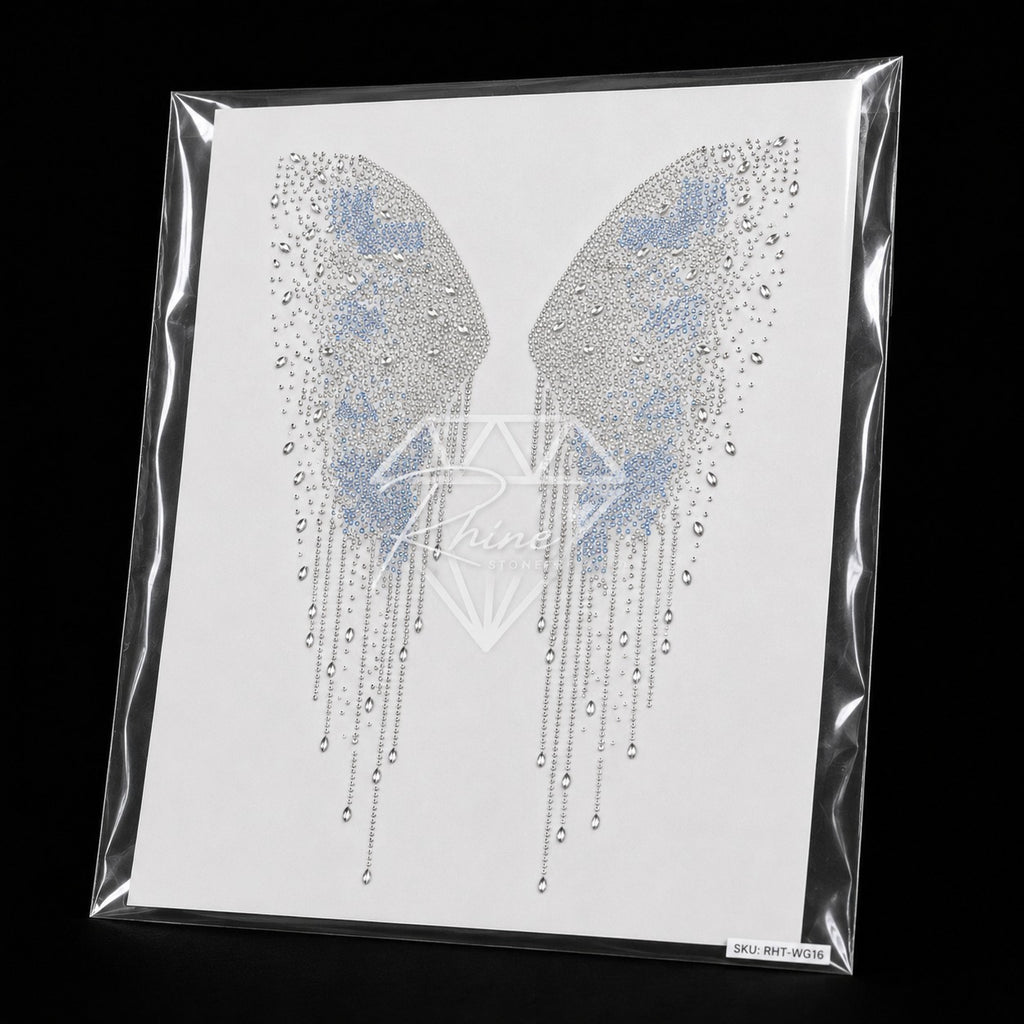 Angel Wings Crystal Drip Rhinestone Hotfix Sticker | Crystal AB & Sapphire Iron-On Transfer
