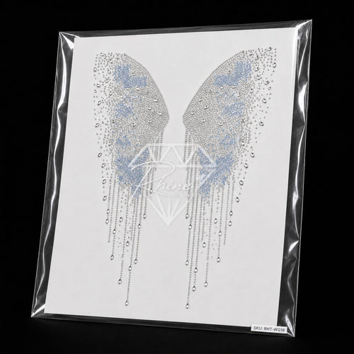 Angel Wings Crystal Drip Rhinestone Hotfix Sticker | Crystal AB & Sapphire Iron-On Transfer