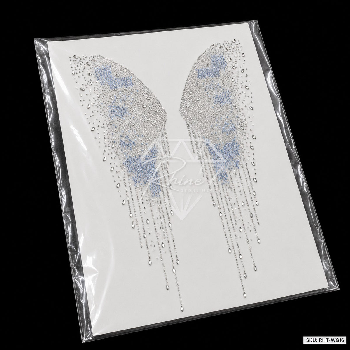 Angel Wings Crystal Drip Rhinestone Hotfix Sticker | Crystal AB & Sapphire Iron-On Transfer
