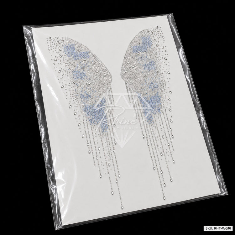 Angel Wings Crystal Drip Rhinestone Hotfix Sticker | Crystal AB & Sapphire Iron-On Transfer