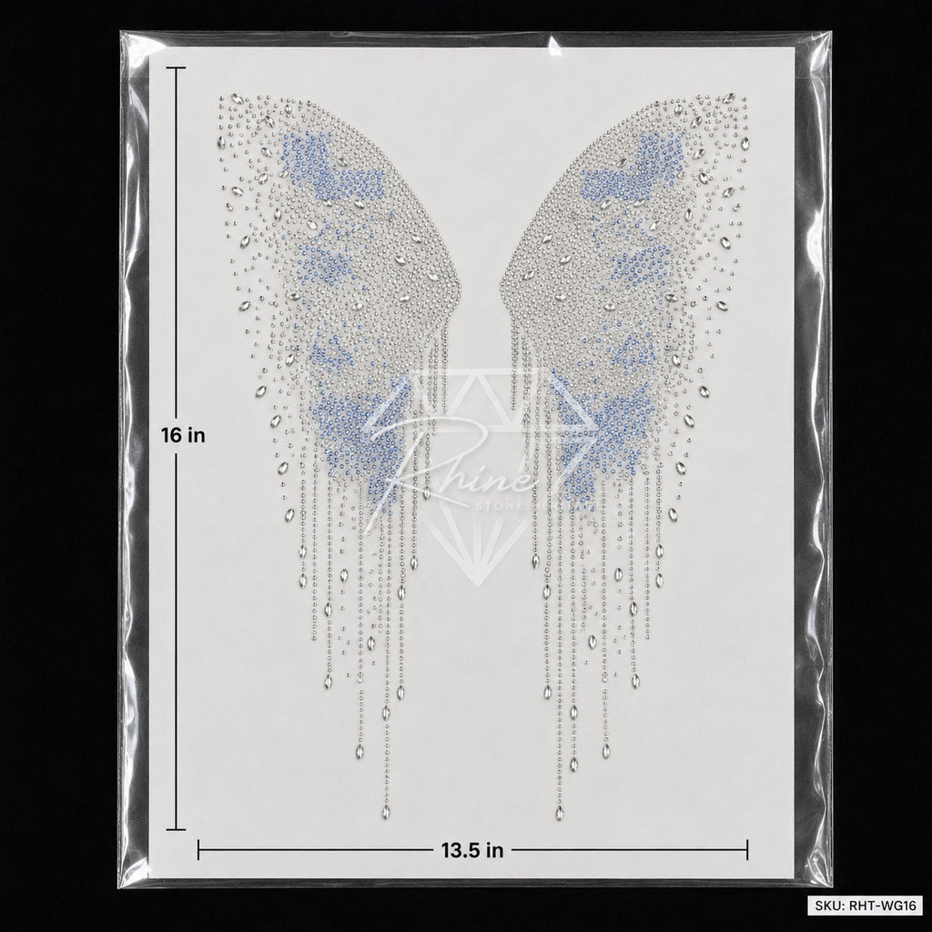 Angel Wings Crystal Drip Rhinestone Hotfix Sticker | Crystal AB & Sapphire Iron-On Transfer
