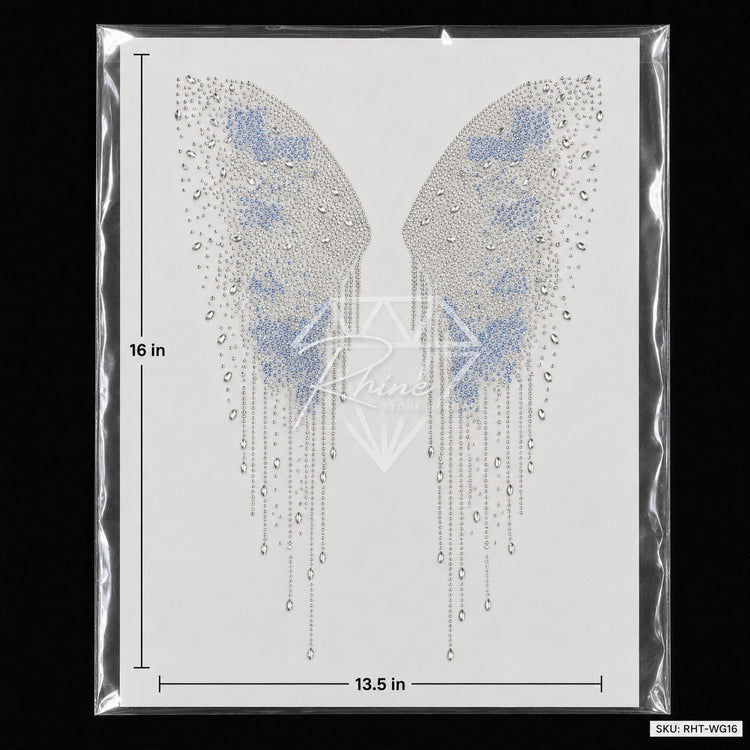 Angel Wings Crystal Drip Rhinestone Hotfix Sticker | Crystal AB & Sapphire Iron-On Transfer