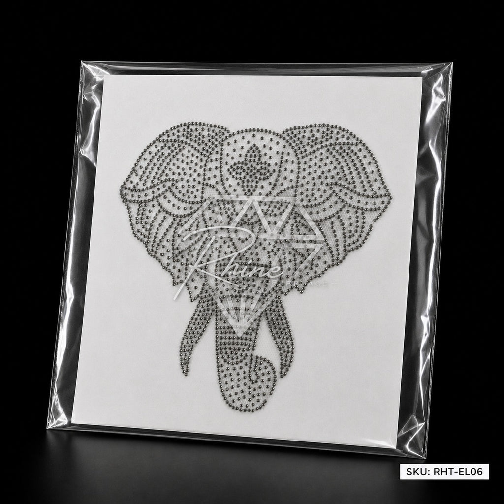 Tribal Elephant Rhinestone Hotfix Sticker | Grey Hematite Iron-On Transfer