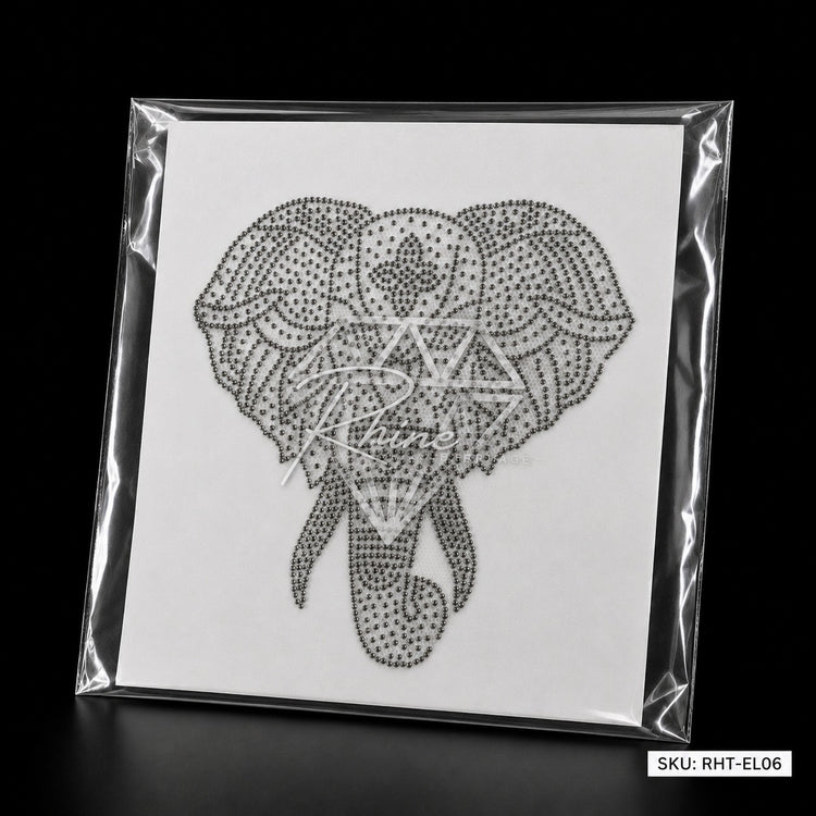 Tribal Elephant Rhinestone Hotfix Sticker | Grey Hematite Iron-On Transfer | Set of 2