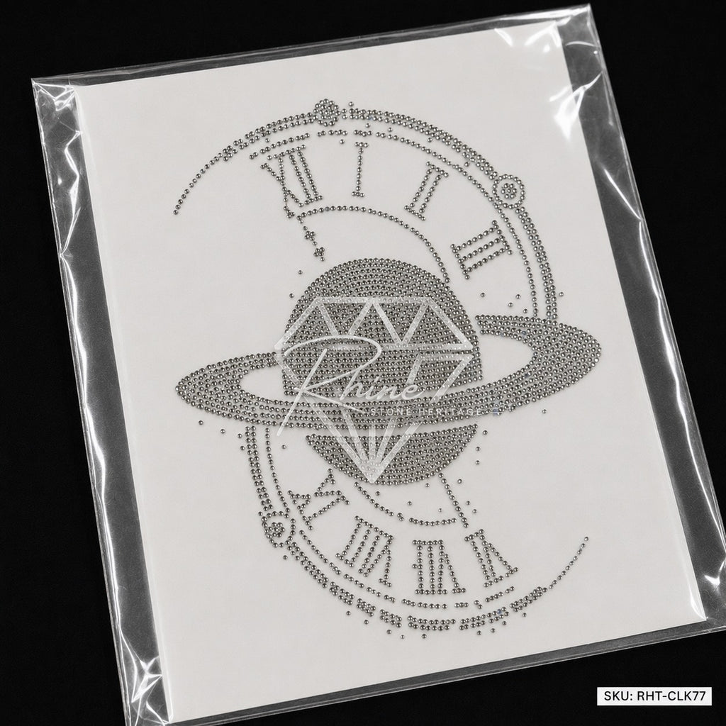 Diamond Planet Roman Clock Rhinestone Hotfix Sticker | Silver & Black Iron-On Transfer