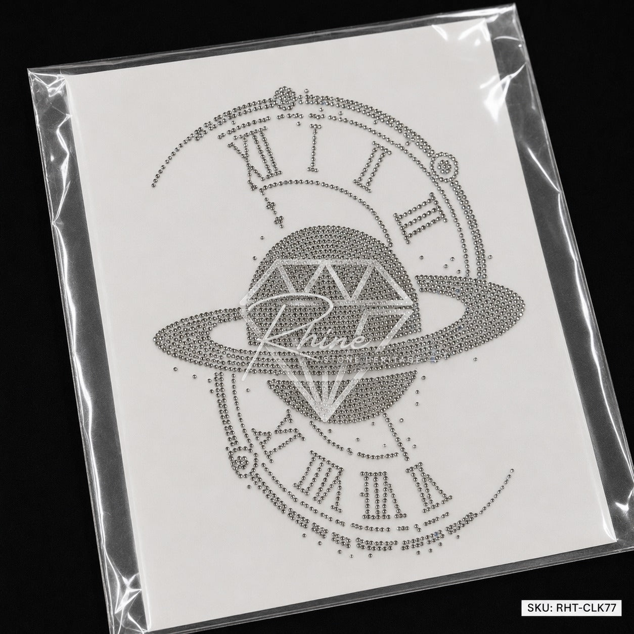 Diamond Planet Roman Clock Rhinestone Hotfix Sticker | Silver & Black Iron-On Transfer
