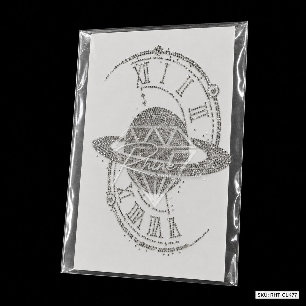 Diamond Planet Roman Clock Rhinestone Hotfix Sticker | Silver & Black Iron-On Transfer