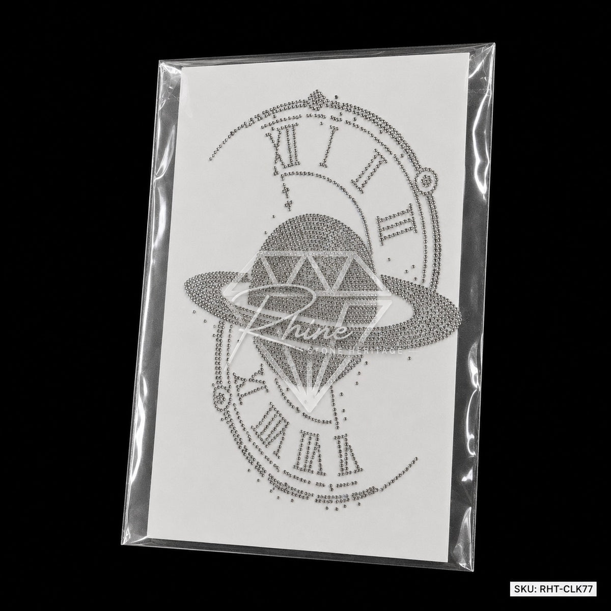 Strass-Bügelfolie „Diamantplanet Römische Uhr“ | Bügelbild in Silber & Schwarz