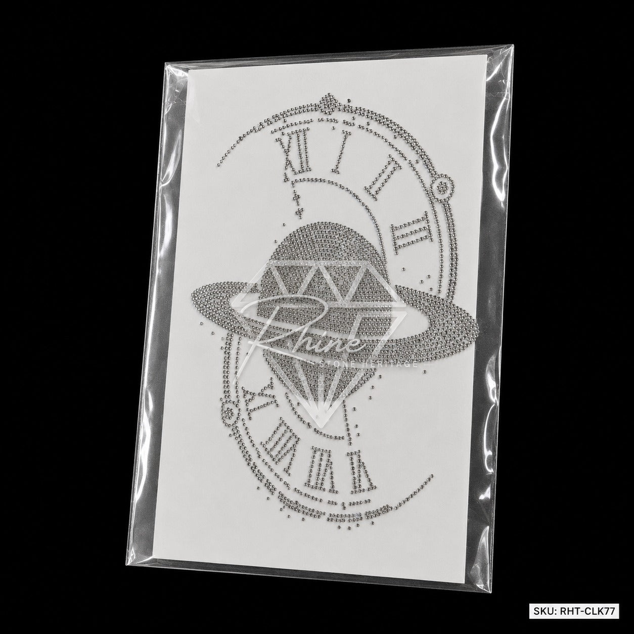 Diamond Planet Roman Clock Rhinestone Hotfix Sticker | Silver & Black Iron-On Transfer
